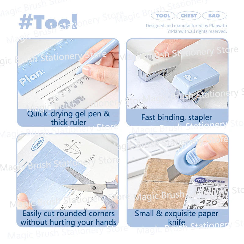 Planwith Multifunctional Tool Set, 10pcs Stapler Pen Ruler Small Exquisite Handy Lightweight Effective Kit Cute School Supplies