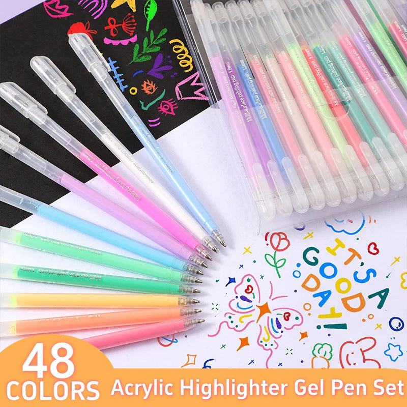 48 Colors Acrylic Highlight Gel Pen Set 1.0mm Tip for Student Hand Book Journaling Drawing Doodling Gel Pens Stationery Supplies