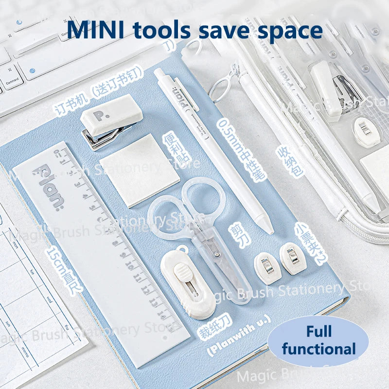 Planwith Multifunctional Tool Set, 10pcs Stapler Pen Ruler Small Exquisite Handy Lightweight Effective Kit Cute School Supplies